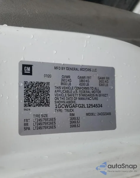 2020 Chevrolet Express G2500 из США, поврежденный, VIN 1GCWGAFG2L1254534